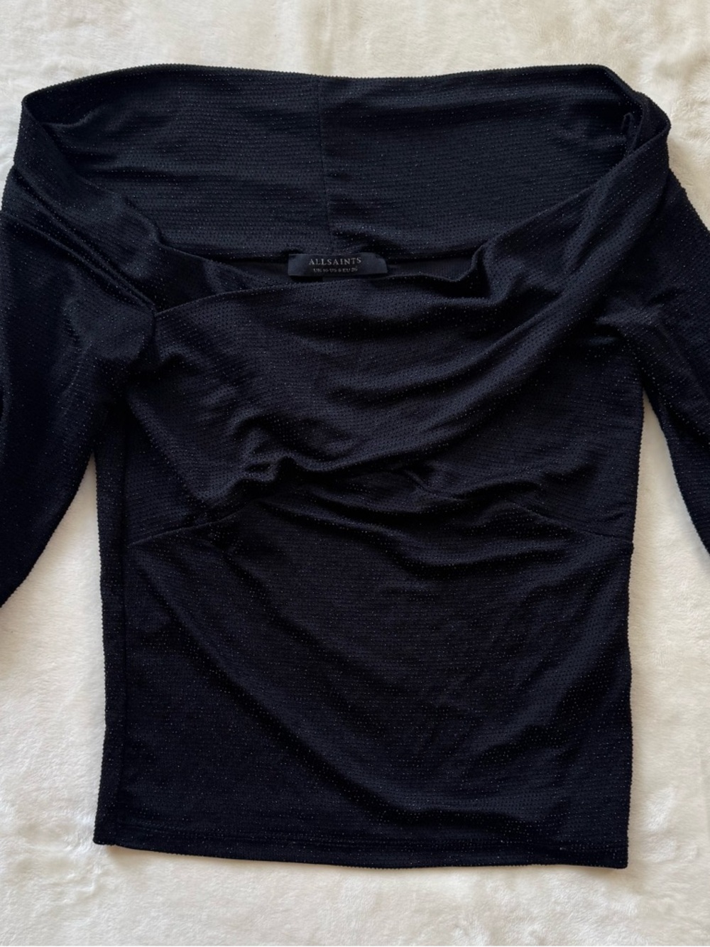 All Saints Black Delta Shimmer Off-the-Shoulder Top. NWOT